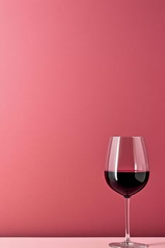 A single glass of red wine on a pink background.