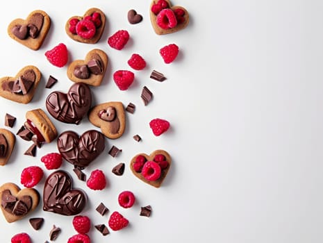 Tasty Yummy Homemade Sweet Cookies. Chocolate and Raspberry Heart Shape Pastry Dessert. Food Photo Background. Valentine's Day Composition. Ai generated