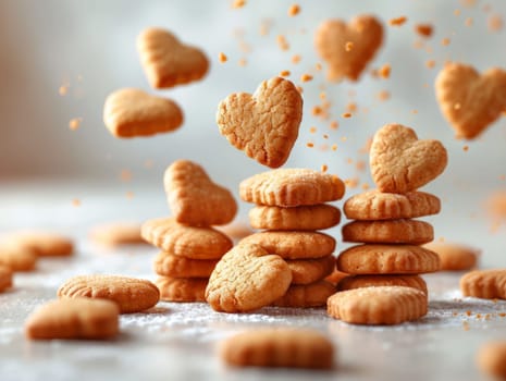 Food composition with heart shape cookies and floating milk. Sweet food background. Ai generated