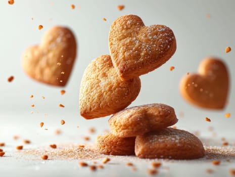 Food composition with heart shape cookies and floating milk. Sweet food background. Ai generated