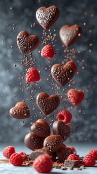 Tasty Yummy Homemade Sweet Cookies. Chocolate and Raspberry Heart Shape Pastry Dessert. Food Photo Background. Valentine's Day Composition. Ai generated