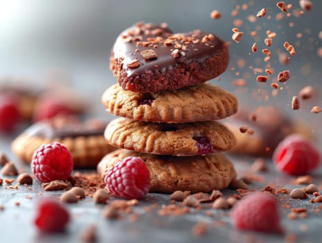 Tasty Yummy Homemade Sweet Cookies. Chocolate and Raspberry Heart Shape Pastry Dessert. Food Photo Background. Valentine's Day Composition. Ai generated