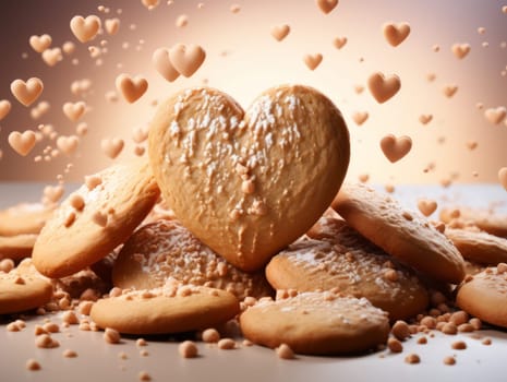 Food composition with heart shape cookies and floating milk. Sweet food background. Ai generated