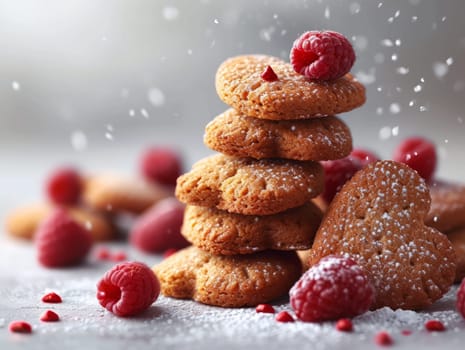 Tasty Yummy Homemade Sweet Cookies. Chocolate and Raspberry Heart Shape Pastry Dessert. Food Photo Background. Valentine's Day Composition. Ai generated