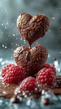 Tasty Yummy Homemade Sweet Cookies. Chocolate and Raspberry Heart Shape Pastry Dessert. Food Photo Background. Valentine's Day Composition. Ai generated