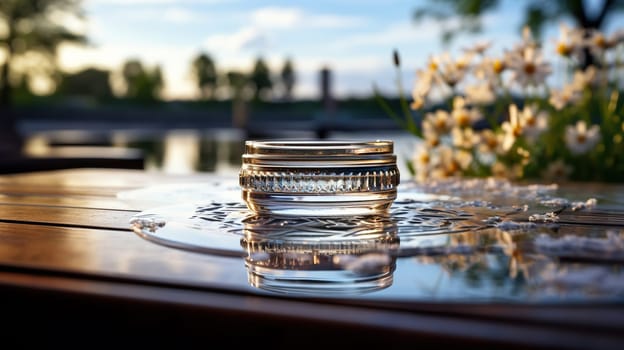 Abstract natural background with glass vessel on wooden tabletop.