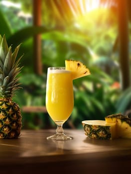 Fresh pineapple juice in a glass on a table with sunshine and greenery in the background.