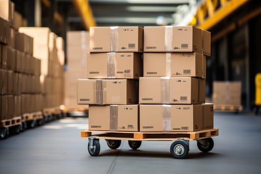 Wooden trolley with cardboard boxes in a warehouse with bokeh background. The concept of logistics of cargo, parcels.