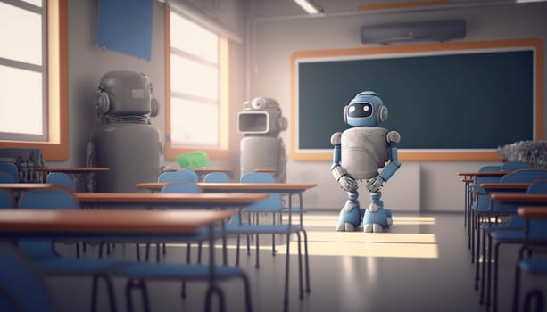 illustration of robots standing in a modern classroom with a chalkboard in the background - Generative AI