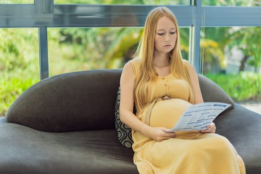 Expectant woman reviews her blood test results, contemplating the health of her pregnancy.