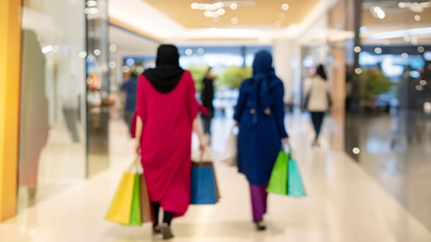 Rear view two young shopper muslim women holding shopping bags with shopping mall blurred background. High quality photo