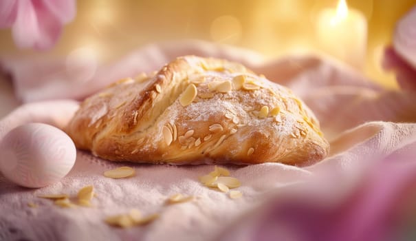 Colomba Pascuale or Colomba di Pasqua, Italian Traditional Dove Easter Dove Bread topped with Pearl Sugar Almonds Lying on Pink Kitchen Towel with Easter Decorated Eggs. AI Generated. Horizontal Plane