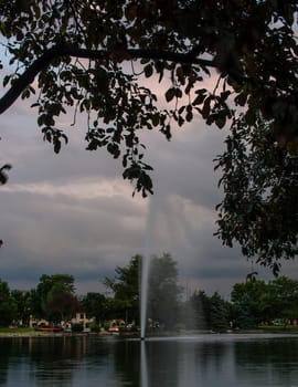 View of a Large Water Fountain in a Pond, Dublin, Ohio