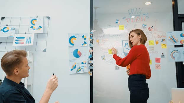 Young beautiful caucasian businesswoman presenting marketing strategy by using mind map, graph while answering questions with confident. Teamwork, brainstorming, discussing concept. Immaculate.