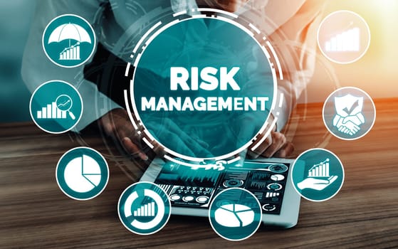 Risk Management and Assessment for Business Investment Concept. Modern interface showing symbols of strategy in risky plan analysis to control unpredictable loss and build financial safety. uds