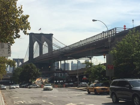 Brooklyn Bridge from Manhattan Side, Street View Below. High quality photo