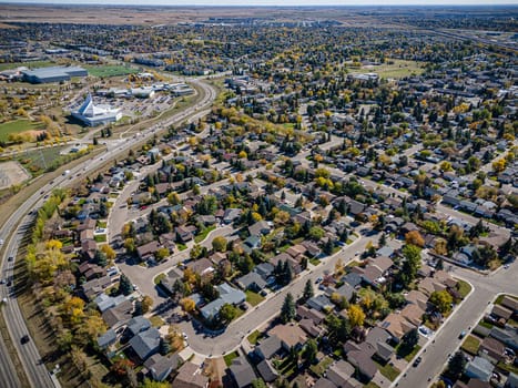 Drone image capturing Forest Grove, Saskatoon, with its lush greenery and residential charm.