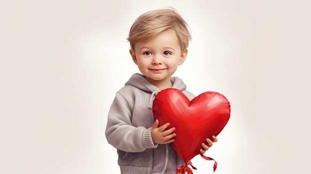 Lovely boy holding red heart, over white background. Love concept. Valentines day.