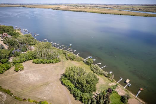Drone image capturing the town of Shields in Saskatchewan, showcasing its picturesque rural charm and serene surroundings