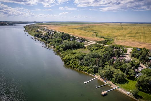 Drone image capturing the town of Shields in Saskatchewan, showcasing its picturesque rural charm and serene surroundings