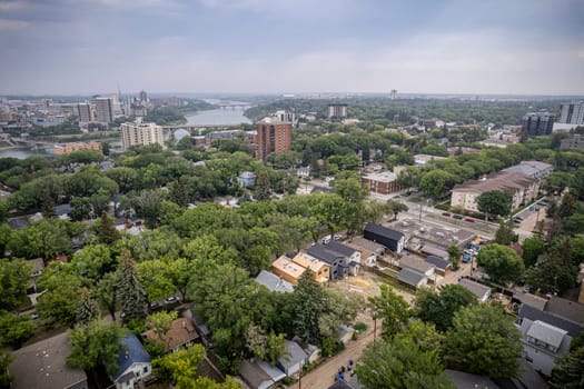 Drone image showcasing the charm of Nutana, Saskatoon, with its residential areas, greenery, and community spaces