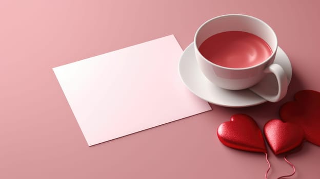 Wedding mockup invitation cards, craft envelopes, red hearts with coffee cup on pink background. Overhead view. Flat lay, top view invitation card. Copy space
