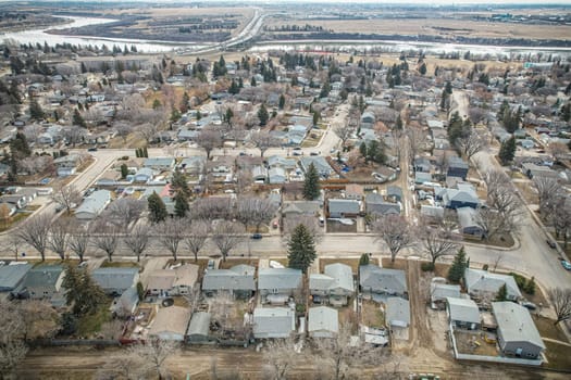 Drone image showcasing Richmond Heights, Saskatoon, with its quaint streets and residential areas.