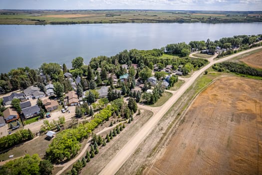 Drone image capturing the town of Shields in Saskatchewan, showcasing its picturesque rural charm and serene surroundings
