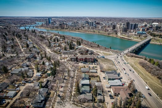 Drone image capturing the unique character of Varsity View, Saskatoon, with its blend of residential and green spaces