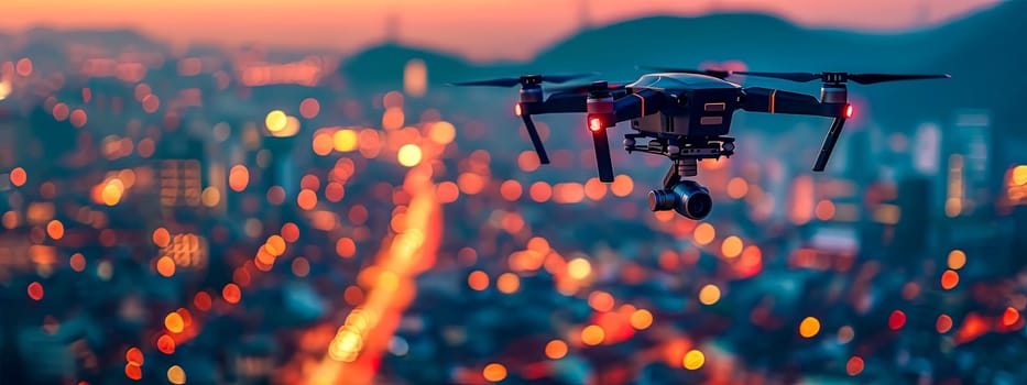 A drone hovers above a city at dusk, its camera poised to capture the twinkling lights below, symbolizing the blend of technology and urban life. copy space