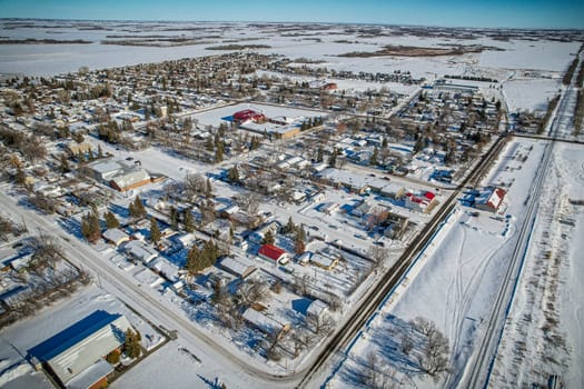Drone image capturing the town of Dalmeny in Saskatchewan, showcasing its charming suburban setting and community atmosphere.