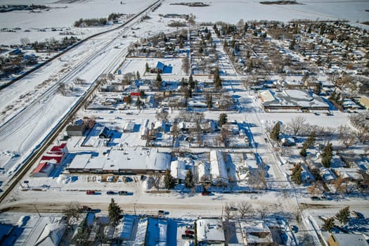 Drone image capturing the town of Dalmeny in Saskatchewan, showcasing its charming suburban setting and community atmosphere.