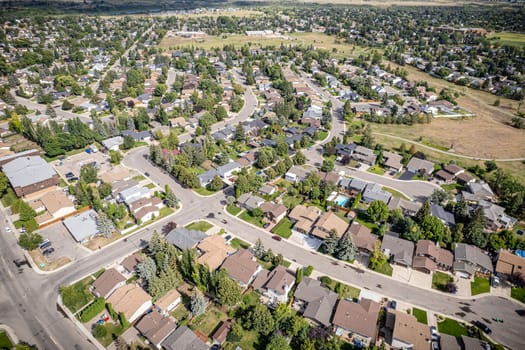 Aerial snapshot of Silverwood Heights, Saskatoon, revealing its residential allure and lush surroundings.