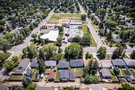 Drone image showcasing the charm of Haultain, Saskatoon, with its residential areas and green spaces.