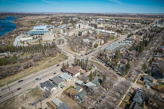 Drone image capturing the unique character of Varsity View, Saskatoon, with its blend of residential and green spaces