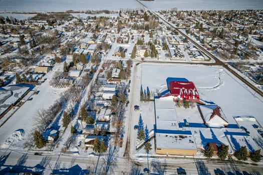Drone image capturing the town of Dalmeny in Saskatchewan, showcasing its charming suburban setting and community atmosphere.