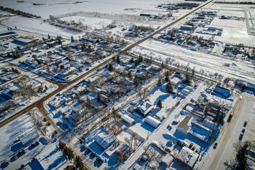 Drone image capturing the town of Dalmeny in Saskatchewan, showcasing its charming suburban setting and community atmosphere.