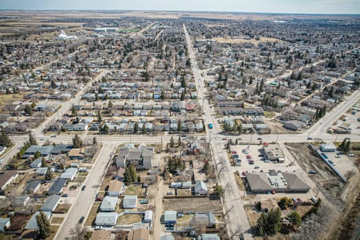 Drone image capturing Forest Grove, Saskatoon, with its lush greenery and residential charm.