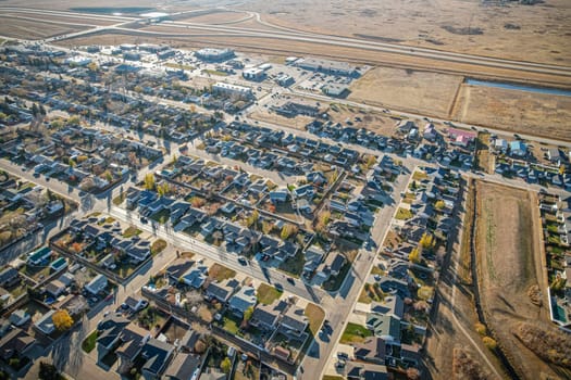 Drone image capturing the town of Martensville in Saskatchewan, highlighting its suburban and residential areas