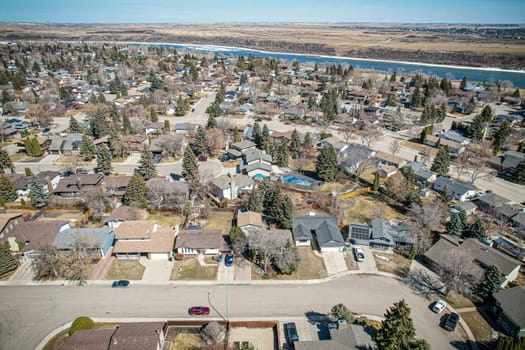 Overhead drone image of Lawson Heights, Saskatoon, highlighting its residential layout and vibrant community.