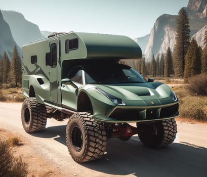 green matte special edition expensive offoroad 4x4 fast sports luxury supercar design camper van conversion for digital nomad avdenture weekender ai art generated