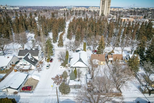 Drone image capturing the unique character of Varsity View, Saskatoon, with its blend of residential and green spaces