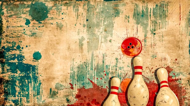 Artistic representation of a red bowling ball and white pins with red stripes on a vintage, paint-splattered background with a blend of beige, green, and red hues. copy space