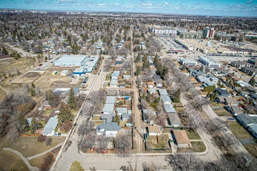 Drone image of Nutana Park, Saskatoon, highlighting its serene residential areas and lush green spaces.
