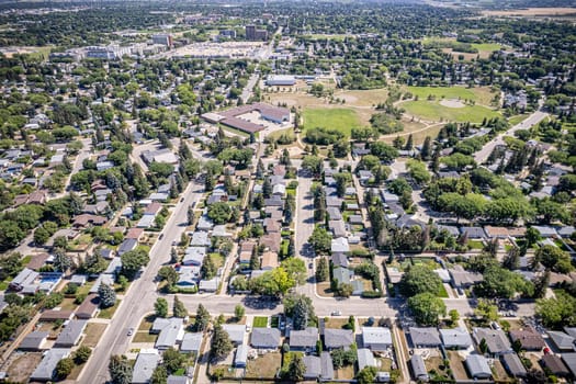 Drone image of Nutana Park, Saskatoon, highlighting its serene residential areas and lush green spaces.