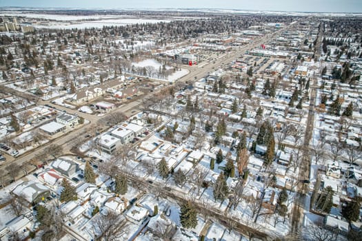 Drone image showcasing the charm of Haultain, Saskatoon, with its residential areas and green spaces.