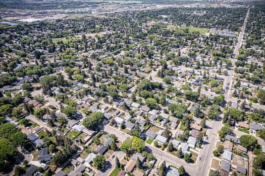 Drone image of Nutana Park, Saskatoon, highlighting its serene residential areas and lush green spaces.