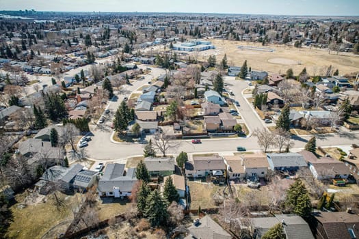 Overhead drone image of Lawson Heights, Saskatoon, highlighting its residential layout and vibrant community.
