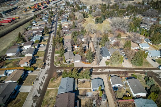 Drone image of Montgomery, Saskatoon, capturing its residential charm and spacious layout.