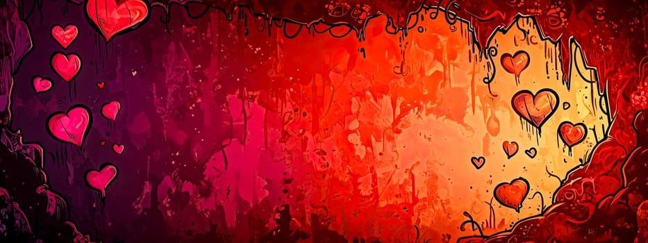 Valentine's Day, array of hearts in various shades of red and pink, set against a dynamic and abstract background with dripping and splattered paint details, copy space